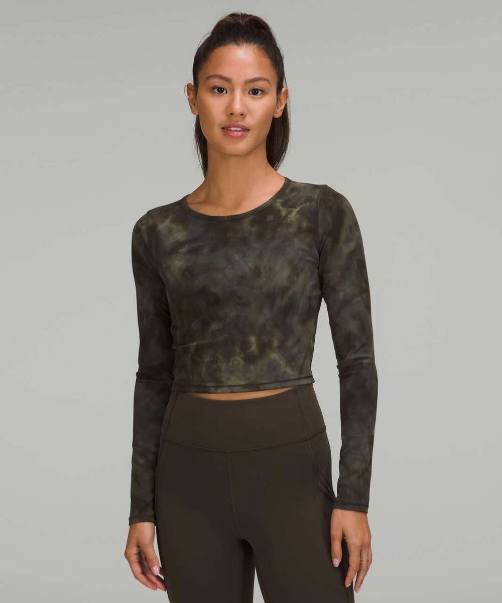 Lululemon Wunder Train Cropped Long Sleeve Shirt Diamond Dye Dark Olive Size 8